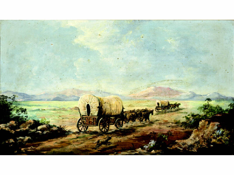 Appraisal: AMERICAN SCHOOL TH CENTURY Western landscape with covered wagons oil