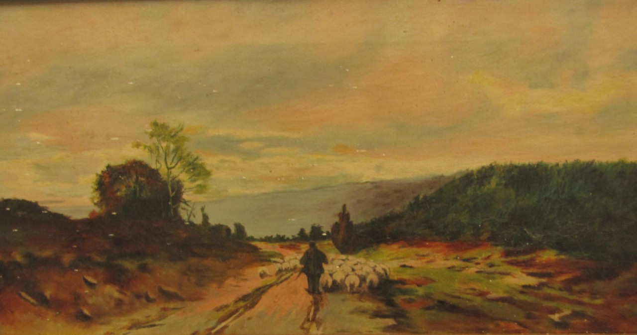 Appraisal: thC British School Shepherd and sheep in landscape oil on