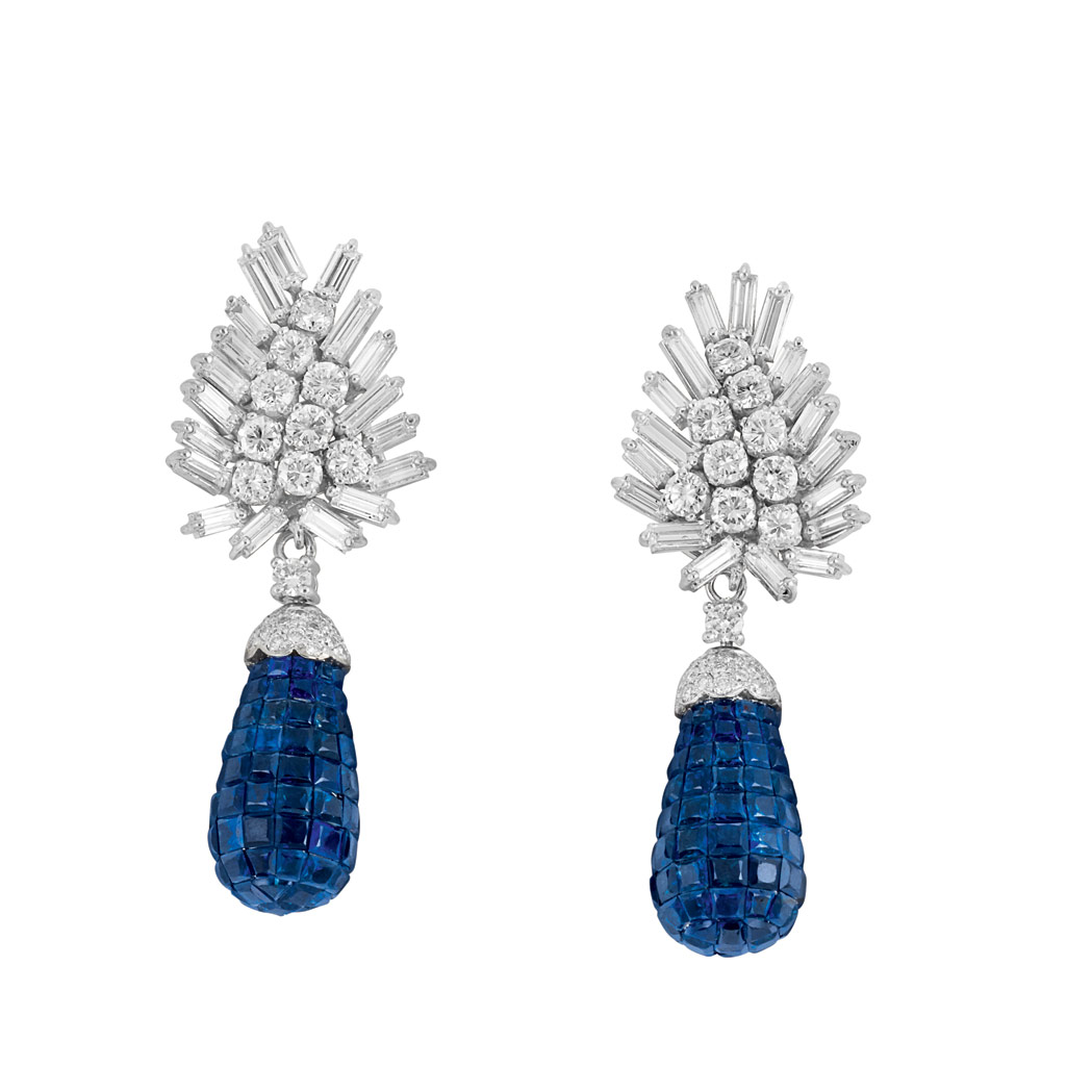 Appraisal: Pair of Platinum Diamond and Invisibly-Set Sapphire Pendant-Earrings Topped by