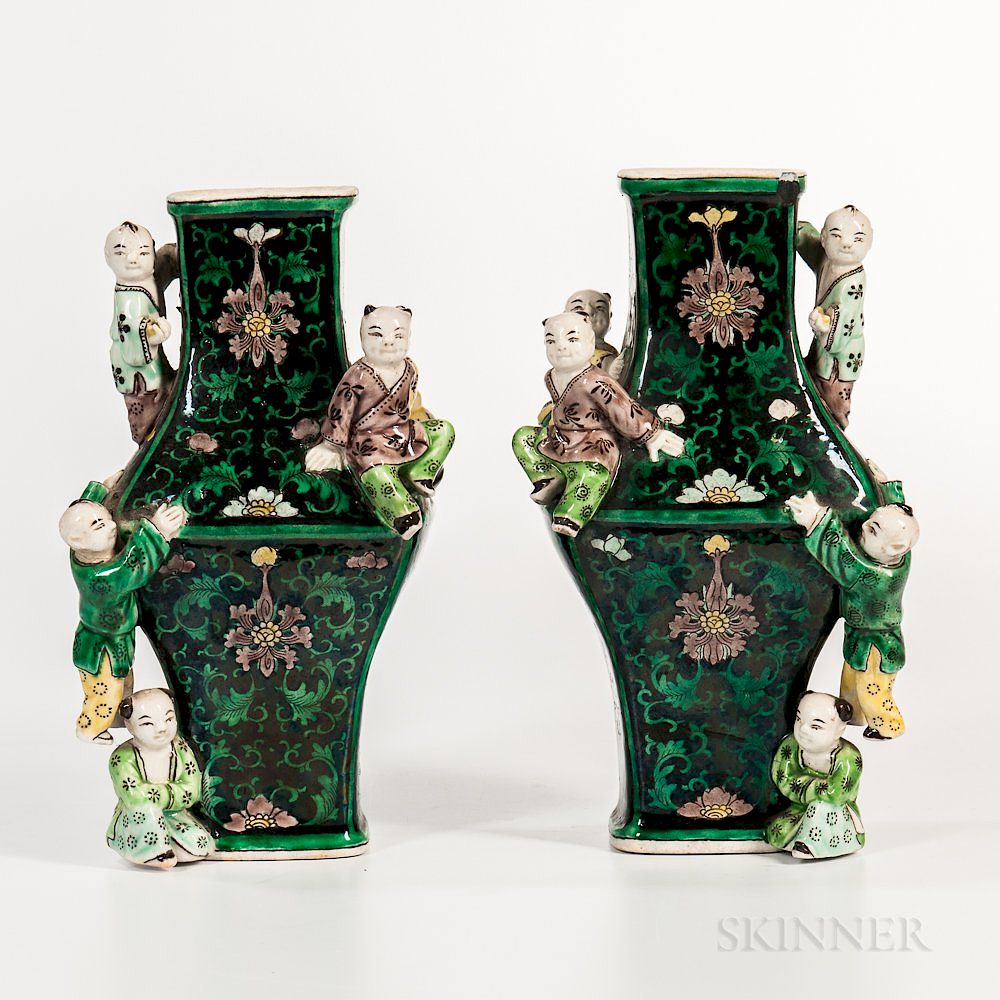 Appraisal: Pair of Famille Noir Five Boys Vases Pair of Famille