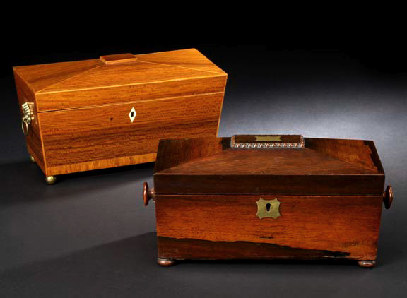 Appraisal: George VI Carved and Brass-Inlaid Mahogany Triple-Compartment Tea Box of