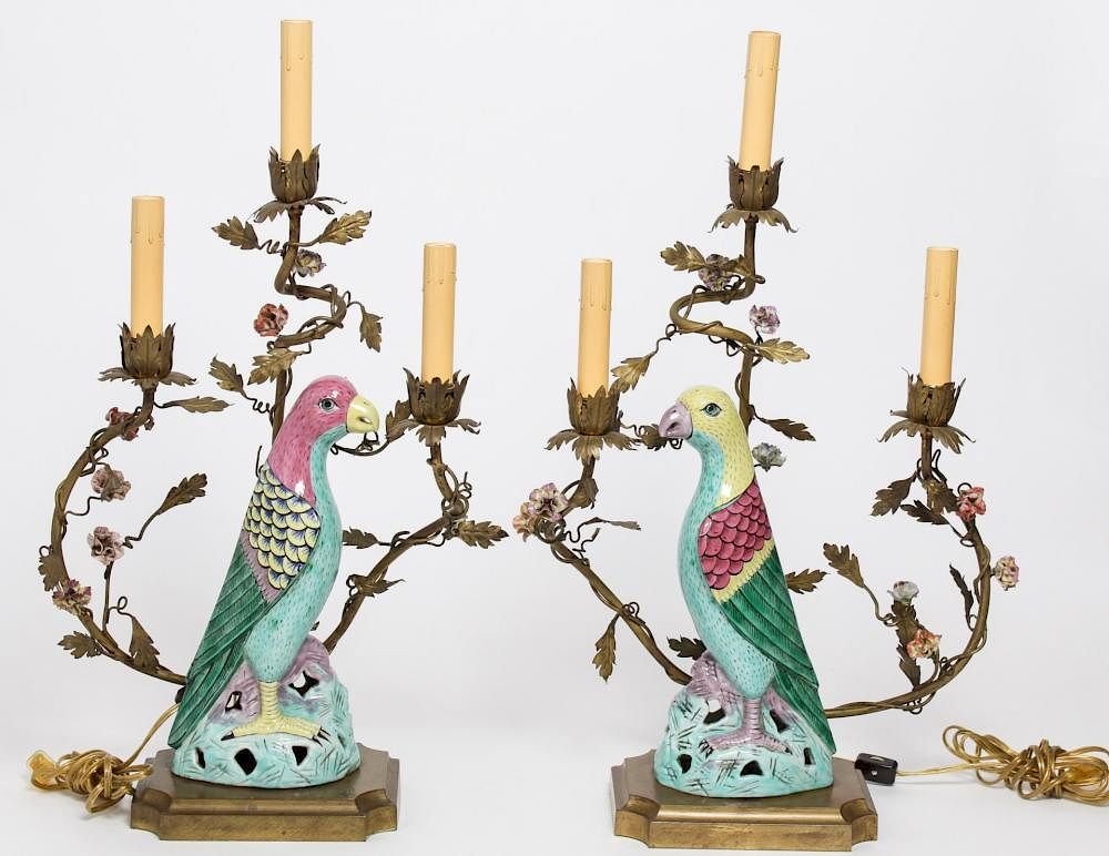 Appraisal: Chinese Export Porcelain Ormolu Candlesticks Chinese export porcelain and ormolu