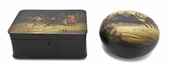 Appraisal: Two Russian Lacquered Boxes comprising a rectangular example with rounded