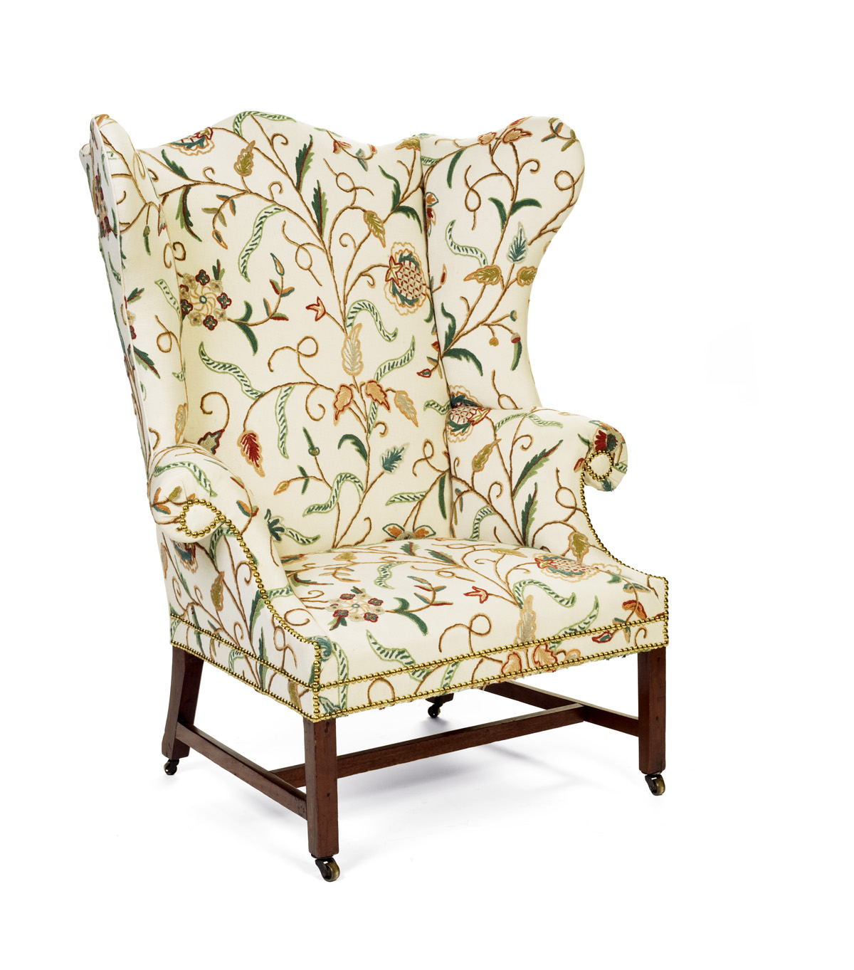 Appraisal: ENGLISH HEPPLEWHITE CREWEL UPHOLSTERED MAHOGANY WING CHAIR AND A SIMILARLY