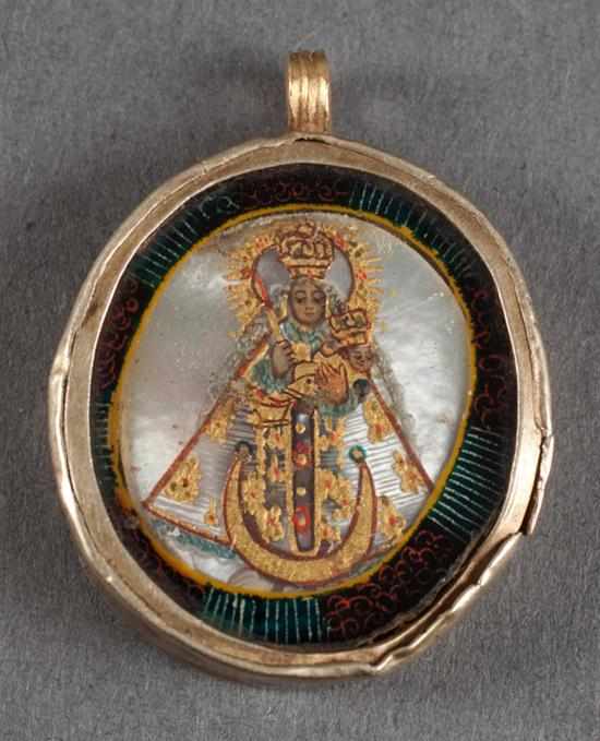 Appraisal: Spanish Colonial mother-of-pearl enamel and gold religious icon pendant most