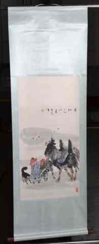 Appraisal: Chinese Silk Scroll Painting signed Liu DaweiWatercolor scroll painting mounted