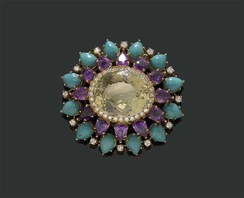 Appraisal: CITRIN-AMETHYST-T RKIS-DIAMANT-BROSCHE ANH NGER um Gelbgold Aparte Brosche in Form