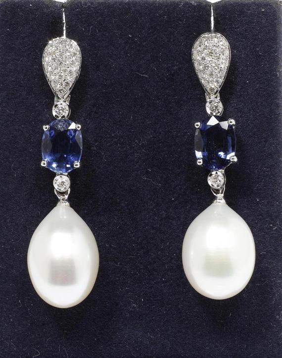 Appraisal: PEARL SAPPHIRE AND DIAMOND EAR PENDANTS White gold Fancy ear