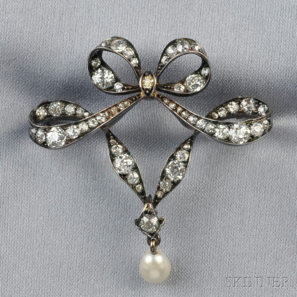 Appraisal: Antique Diamond Bow Brooch set with old mine-cut diamonds and