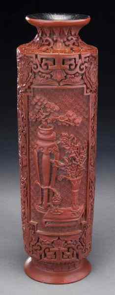 Appraisal: Chinese carved cinnabar vasedepicting bonsai and peonies ''H Circa -