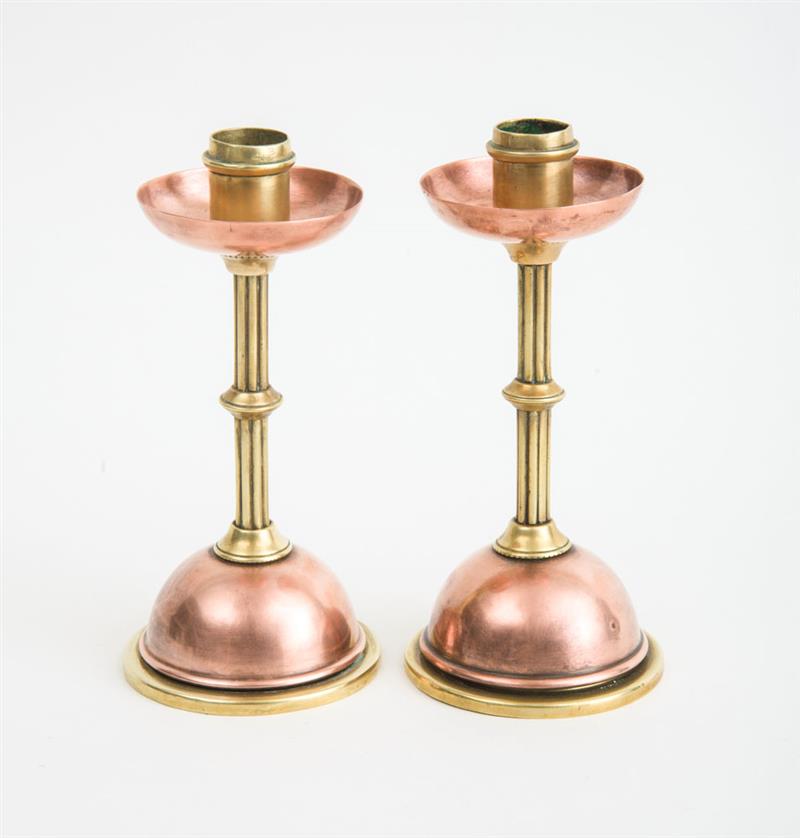 Appraisal: Pair of English Arts and Crafts Brass and Copper Candlesticks