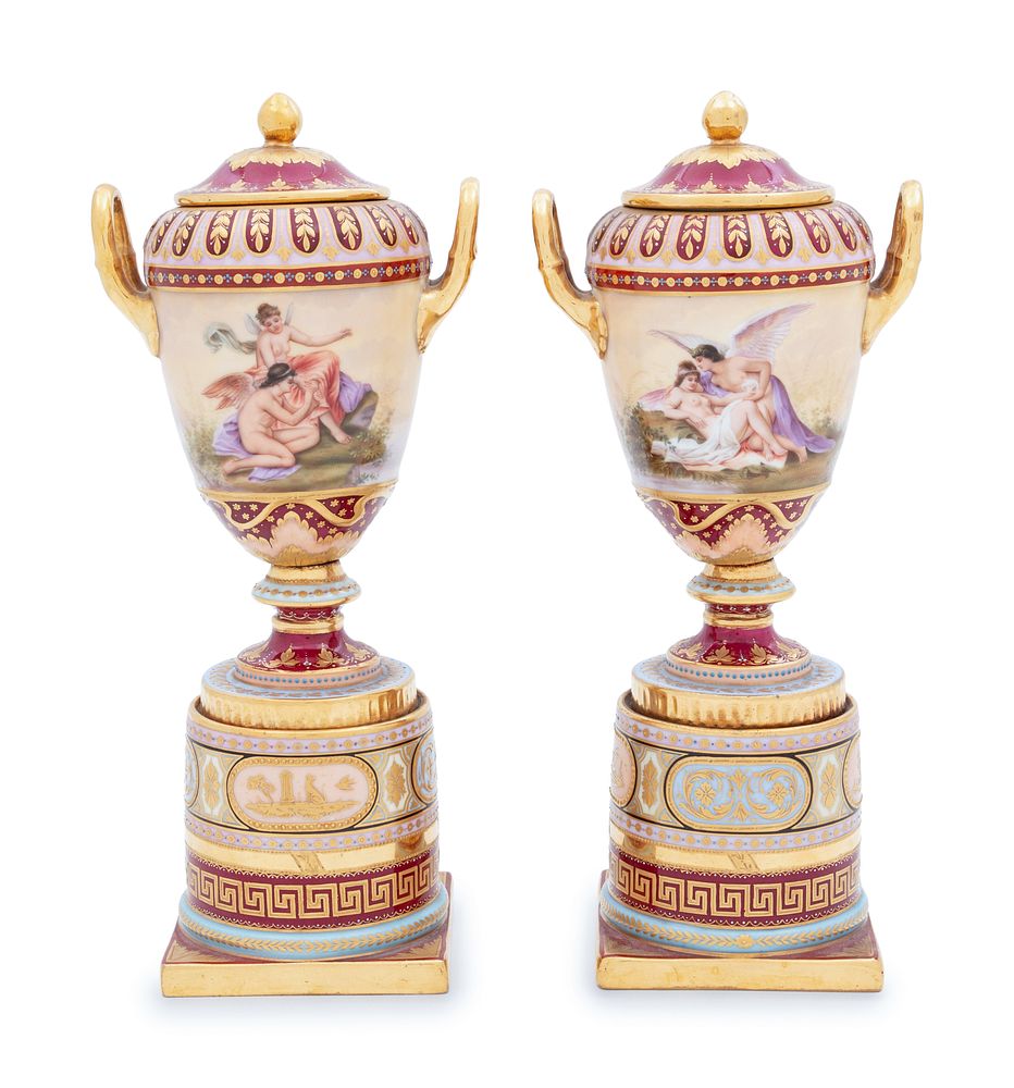 Appraisal: A Pair of Vienna Porcelain Covered Urns A Pair of