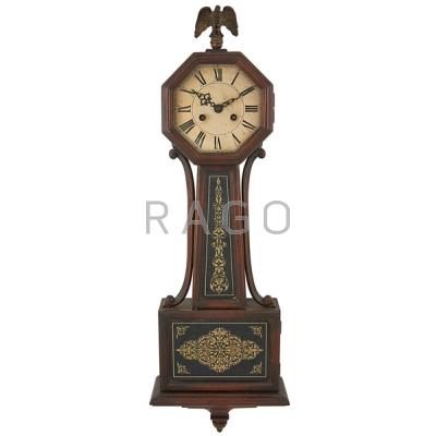 Appraisal: AMERICAN BANJO CLOCK Mahogany reverse-painted glass panels eagle finial early