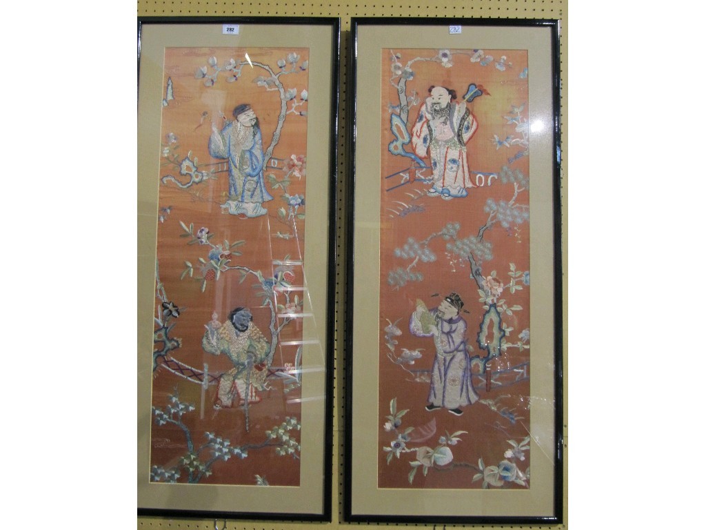 Appraisal: Lot comprising two oriental tapestry pictures