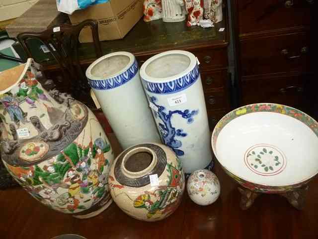 Appraisal: A PAIR OF CHINESE BLUE AND WHITE CYLINDRICAL VASES high