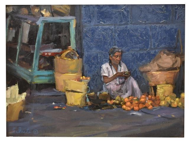 Appraisal: Framed oil on board painting The Fruit Seller signed lower