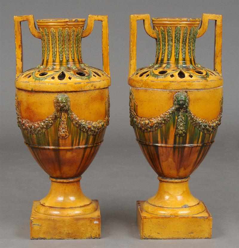 Appraisal: PAIR OF LARGE CONTINENTAL NEOCLASSICAL STYLE PROVENCIAL TWO-HANDLED GLAZED POTTERY