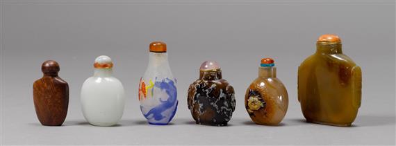 Appraisal: SIX SNUFF BOTTLES OF VARIOUS MATERIALS China H - cm