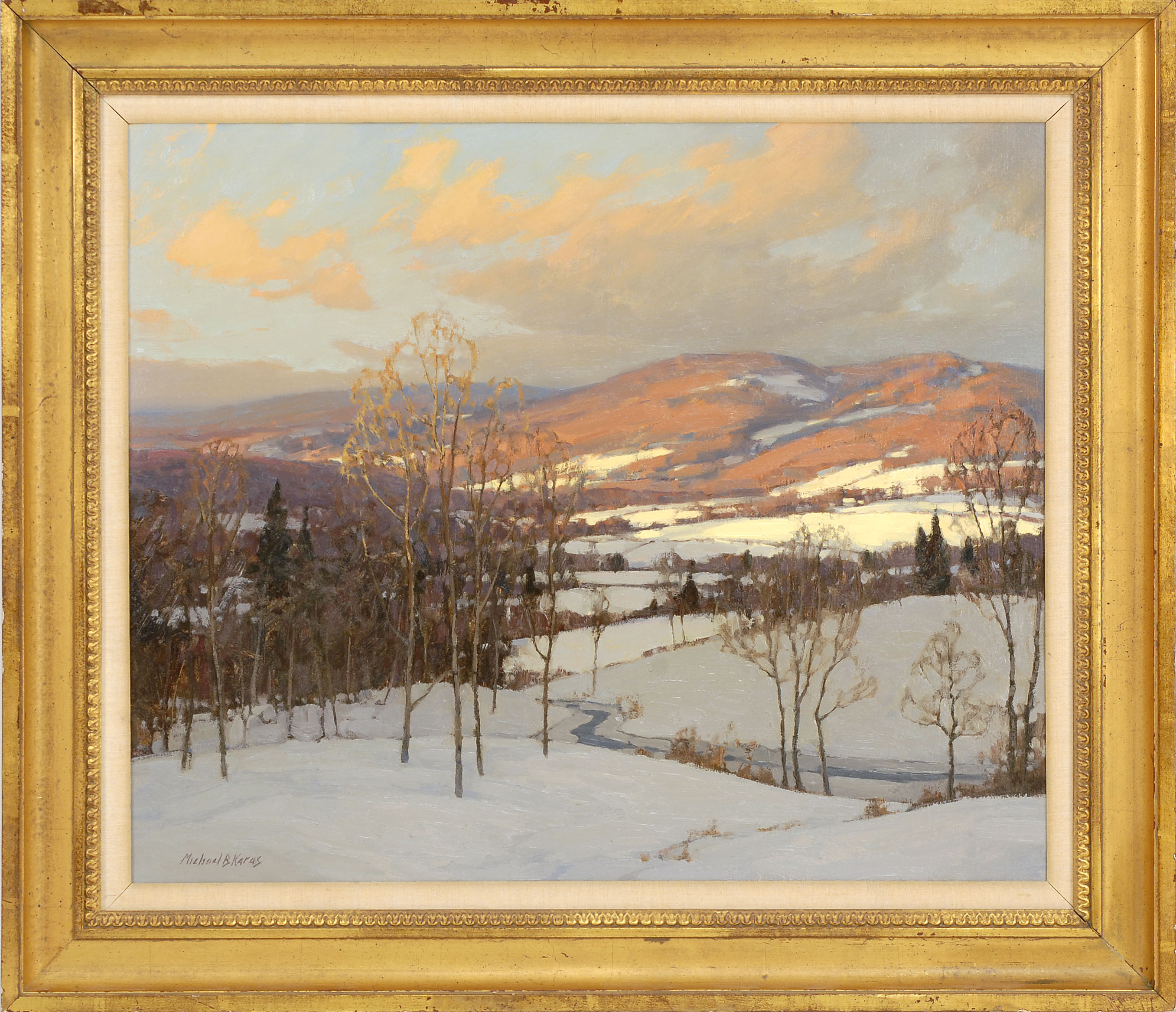 Appraisal: MICHAEL B KARASAmerican ContemporaryWinter sunset New England Signed lower left