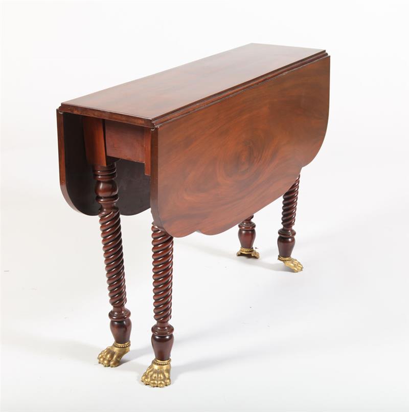 Appraisal: LATE FEDERAL CARVED MAHOGANY DROP-LEAF TABLE The rectangular hinged top