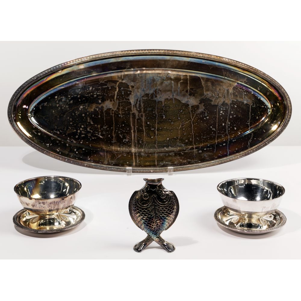 Appraisal: CHRISTOFLE SILVERPLATE ASSORTMENT items including Vaso Peixes twin fish vase