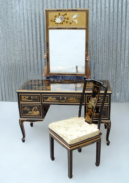 Appraisal: CHINESE GOLD DECORATED BLACK LACQUER DESK VANITY AND MIRROR Cabriole