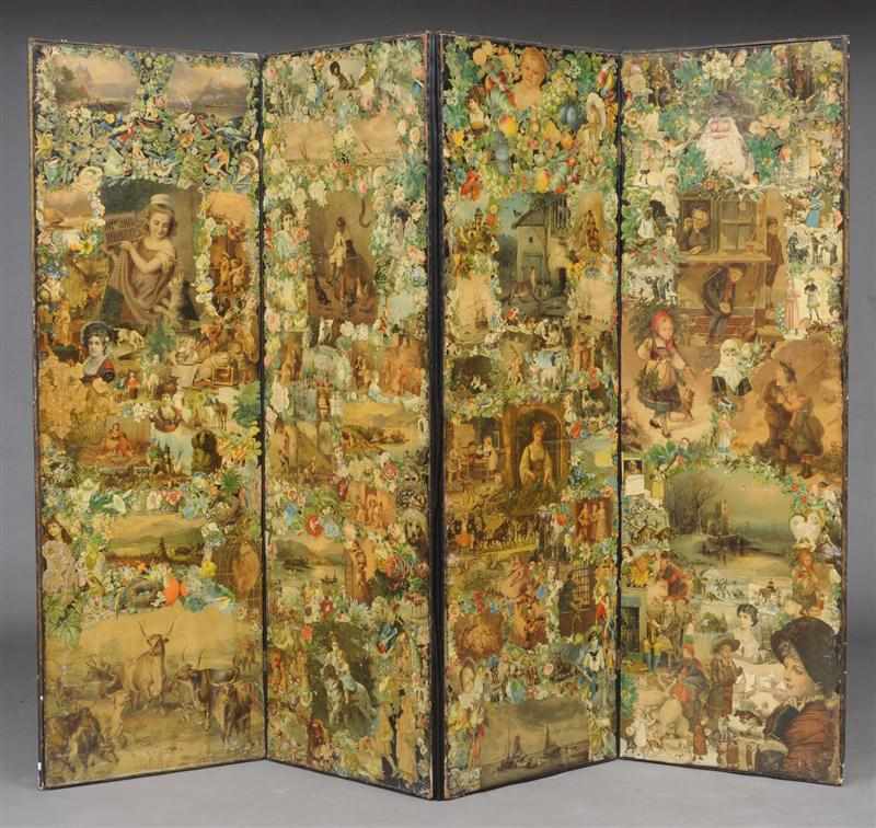 Appraisal: VICTORIAN DECOUPAGE FOUR-FOLD SCREEN With colorful cut-outs on a black