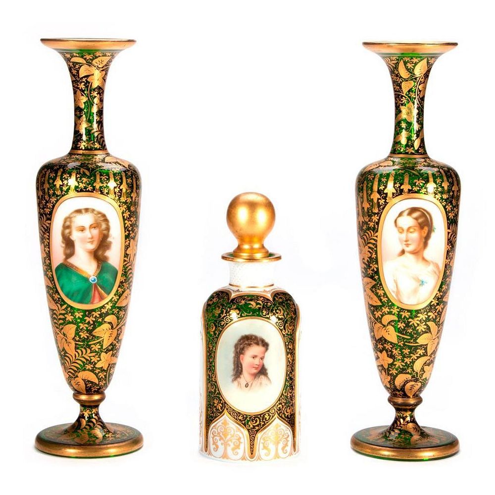 Appraisal: Pair of Green and Gilt Art Nouveau Vases Pair of