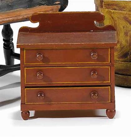 Appraisal: Paint-decorated miniature chest of drawers th century Shaped backboard on