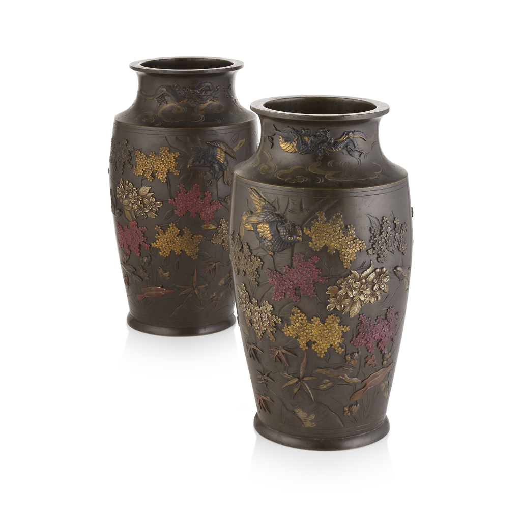 Appraisal: LARGE PAIR OF MIXED-METAL INLAID BRONZE VASES MEIJI PERIOD each