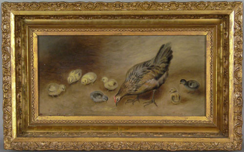 Appraisal: Oil on canvas of a hen and chicks bearing the