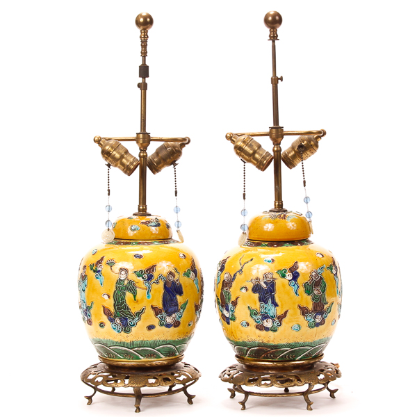 Appraisal: Pair of yellow Chinese porcelain ginger jar lamps with slip