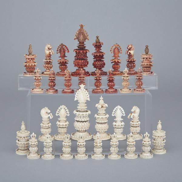 Appraisal: Anglo-Indian Turned and Carved Ivory Chess Set Kashmir early mid