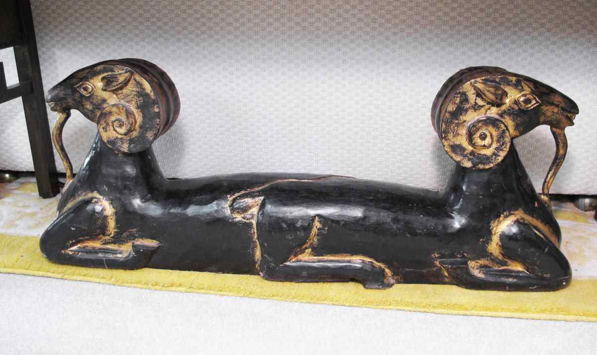 Appraisal: CARVED RAMS FROM EGYPTIAN TUTANKHAMUN EXHIBITION Decorative ebonized carved wood