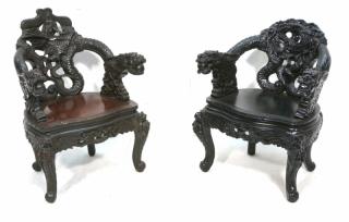 Appraisal: Heavily Carved Wood Asian style Dragon Chairs Thick relief carved