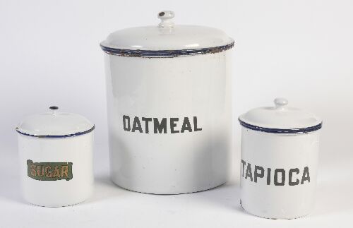 Appraisal: A quantity of various enamelled storage jars for flour sugar