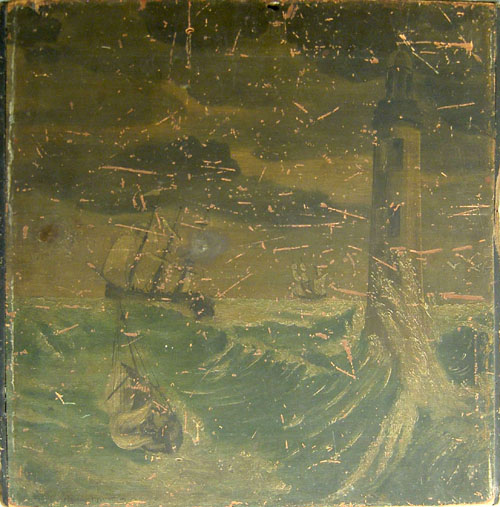 Appraisal: English oil on panel fireboard th c titled Eddystone Lighthouse