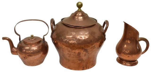 Appraisal: lot of French copper kitchen items including lidded tea kettle