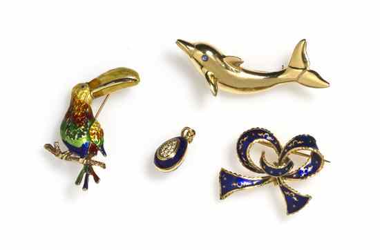 Appraisal: A Group of Gold Jewelry consisting of two enameled brooches