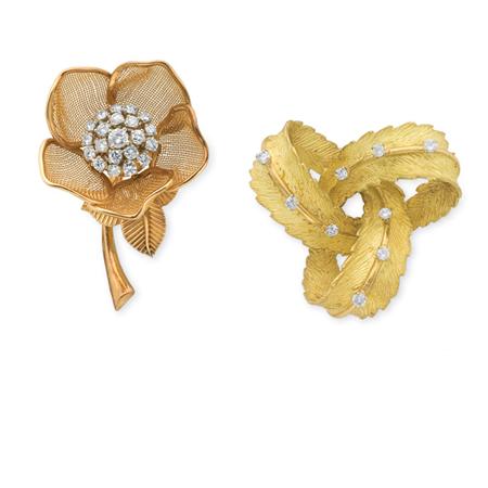 Appraisal: Gold and Diamond Mesh Rose Brooch and Ribbon Brooch Estimate