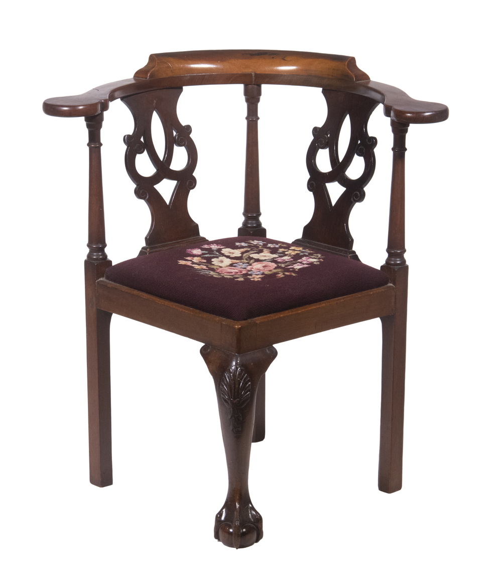 Appraisal: MAHOGANY CORNER CHAIR th c Custom Chair with curved rail