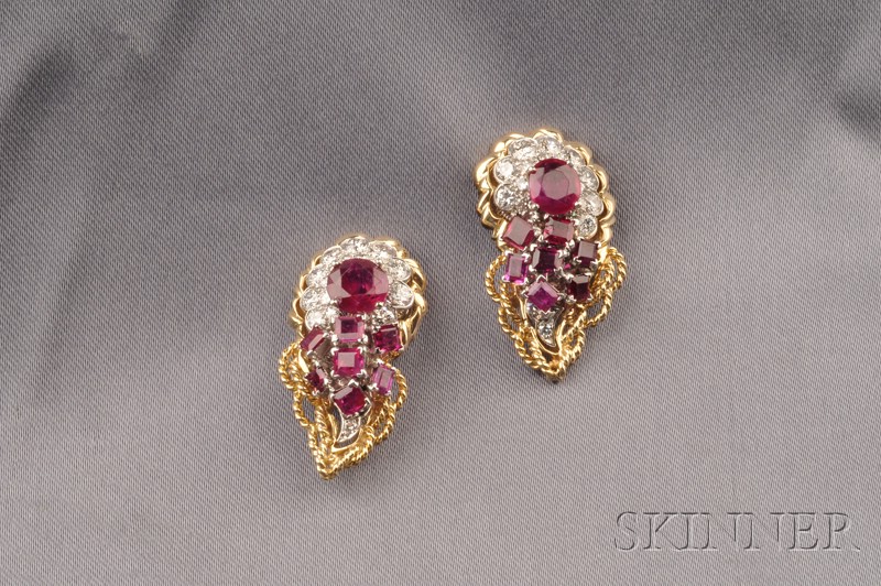 Appraisal: Platinum Ruby and Diamond Earclips Cartier each designed as a