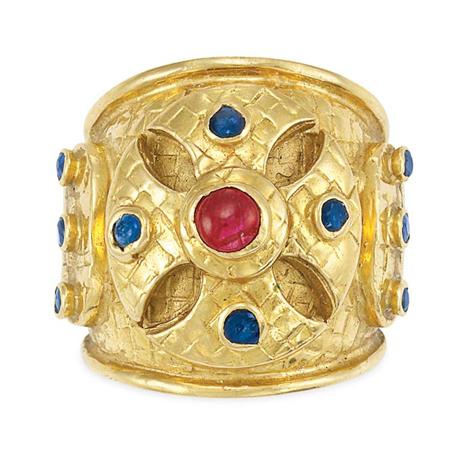 Appraisal: Wide Gold Ruby and Sapphire Band Ring Lalaounis Estimate -