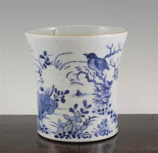 Appraisal: A Chinese blue and white waisted brush pot decorated with