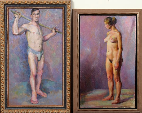 Appraisal: Pair of nude figures male and female oil on canvas