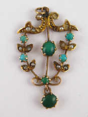 Appraisal: An Art Nouveau carat gold turquoise and seed pearl pendant