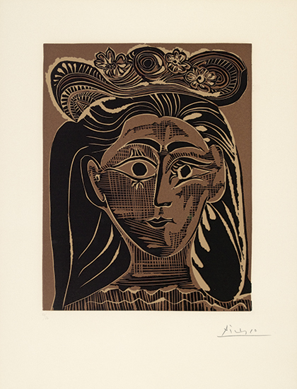 Appraisal: PABLO PICASSO Femme au Chapeau Fleurs Color linoleum cut x