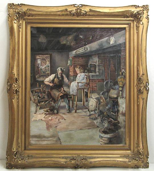 Appraisal: A genre painting of a cobbler and child oil on