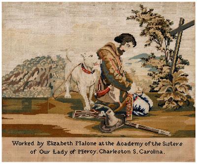 Appraisal: Charleston South Carolina needlework kneeling hunter with dog before a