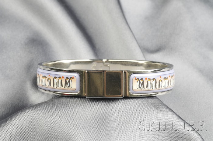 Appraisal: Stainless Steel Bracelet Hermes the hinged form with lilac and